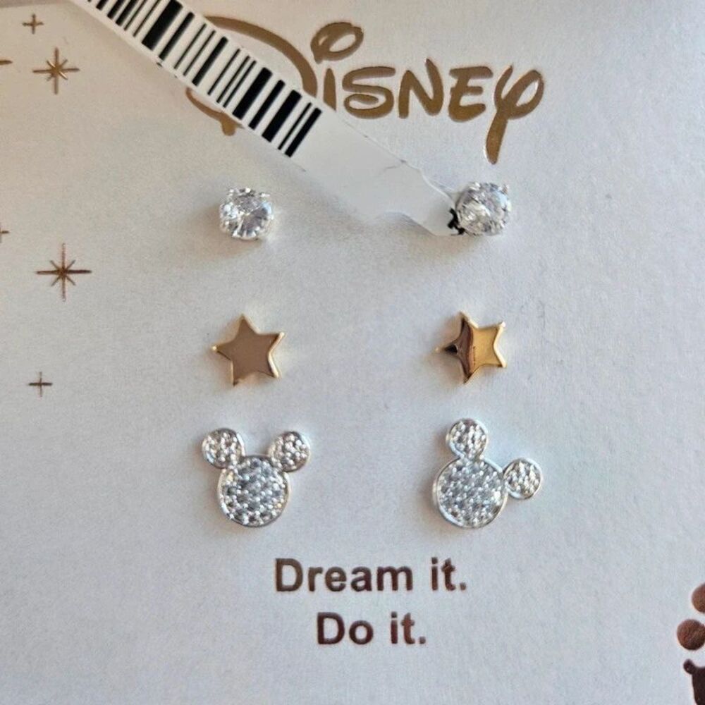 Disney Fine Silver Plated Stud Earrings Set Mickey Stars NWT Gift Box